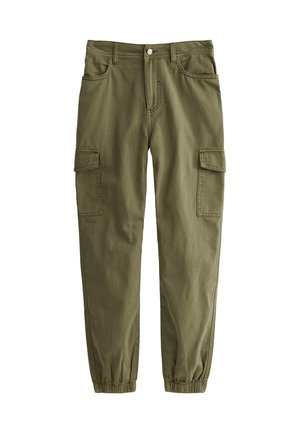 Pantaloni cargo verde oliva con polsini elastici, tasche frontali e laterali, realizzati in tessuto di cotone resistente, con cuciture rinforzate e chiusura con bottone.