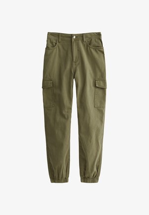 Olive green cargo pants with elastic cuffs, front and side pockets, made from durable cotton fabric, featuring reinforced seams and a button closure.
