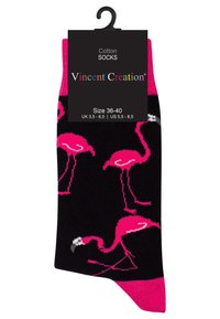 Cotton socks in black featuring pink flamingo patterns. Accented with a solid pink cuff. Size label: 36-40, with US and UK size conversions.