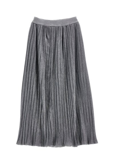 Gonna midi plissettata grigia con cintura aderente, pieghe verticali uniformemente distanziate e una texture del tessuto morbida e leggermente lucida.