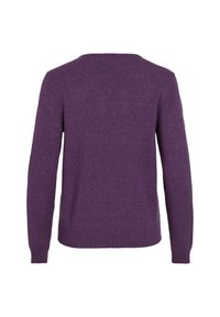 Maglione lavorato a maglia di colore viola, maniche lunghe, scollatura rotonda, orlo e polsini a coste, texture liscia, design minimale, vista posteriore mostrata.