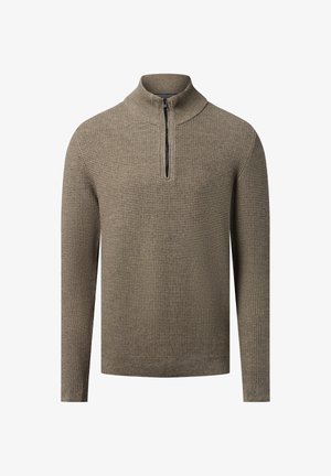 Waffelstrick-Pullover in erdigem Braun mit einem Reißverschlusskragen. Mit langen Ärmeln und gerippten Bündchen, aus weichem Strukturstoff gefertigt.