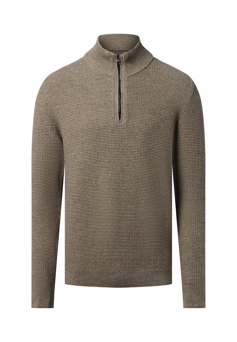 Sweter z dzianiny waffle w ziemistym brązie z zamkiem przy szyi. Posiada długie rękawy i ściągacze, wykonany z miękkiej, teksturowanej tkaniny.
