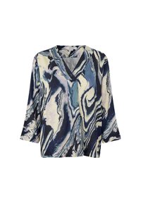 Blusa lunga e morbida con maniche a sbuffo e scollatura a V, caratterizzata da un motivo astratto in marmo blu, bianco e nero.