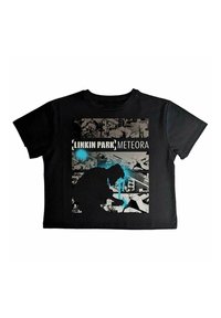Black cotton t-shirt featuring a graphic print with the text "Linkin Park Meteora" and a silhouette against a textured background.