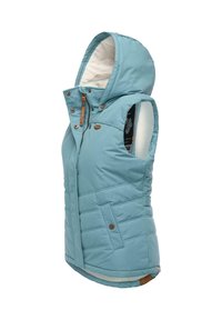 Light blue padded vest with a hood, featuring a zip and snap button closure, side pockets, and interior lining in off-white.