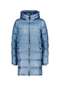 Ljusblå puffjacka med huva, med en framåt dragkedja, sidofickor med svarta knappar och en quilty-Textur.