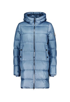 Helleblaue Pufferjacke mit Kapuze, ausgestattet mit einem Reißverschluss vorne, seitlichen Taschen mit schwarzen Knöpfen und einem gesteppten Muster.