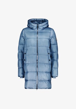 Vaaleansininen toppatakki, jossa on huppu, etuvetoketju, sivutaskut mustilla napilla ja tikattu pinta.