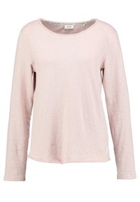 Maglietta a maniche lunghe di un rosa chiaro, realizzata in un tessuto morbido, con scollatura arrotondata e vestibilità comoda. Presenta un piccolo etichetta sul lato.