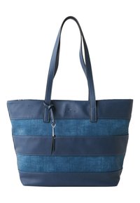 Blauwe draagtas van glad leer en panelen van gestructureerde stof, met een ritssluiting en dubbele handgrepen voor het dragen.