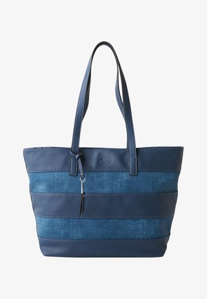 Sac tote bleu avec des panneaux en cuir lisse et en tissu texturé, doté d'une fermeture éclair et de deux poignées pour le porter.