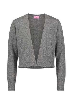 Gray cropped cardigan made from soft knit material. Features long sleeves and a V-neck design with a subtle ribbed texture.