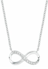 Srebrny naszyjnik z wisiorem w kształcie symbolu nieskończoności, ozdobiony przezroczystymi kamieniami szlachetnymi, na delikatnym łańcuszku o polerowanej powierzchni.