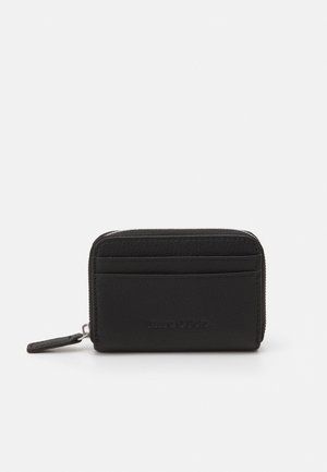Black leather wallet with a zip closure, featuring card slots on one side and embossed branding on the front. Compact and rectangular shape.