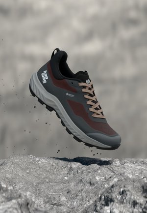 Tmavě šedá a vínová turistická obuv s béžovými tkaničkami, štítek Gore-Tex, ve vzduchu nad skalnatým terénem s padajícím volným štěrkem.