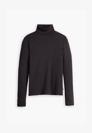 Black ribbed turtleneck sweater with long sleeves and a fitted design. Soft texture, subtle stretch, and a tag on the lower side.