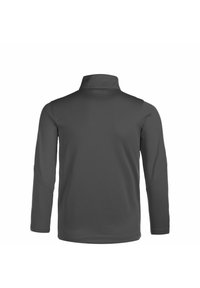Maglietta grigia a maniche lunghe con colletto alto, realizzata in un tessuto leggero e testurizzato. Presenta maniche raglan e un design semplice senza decorazioni.
