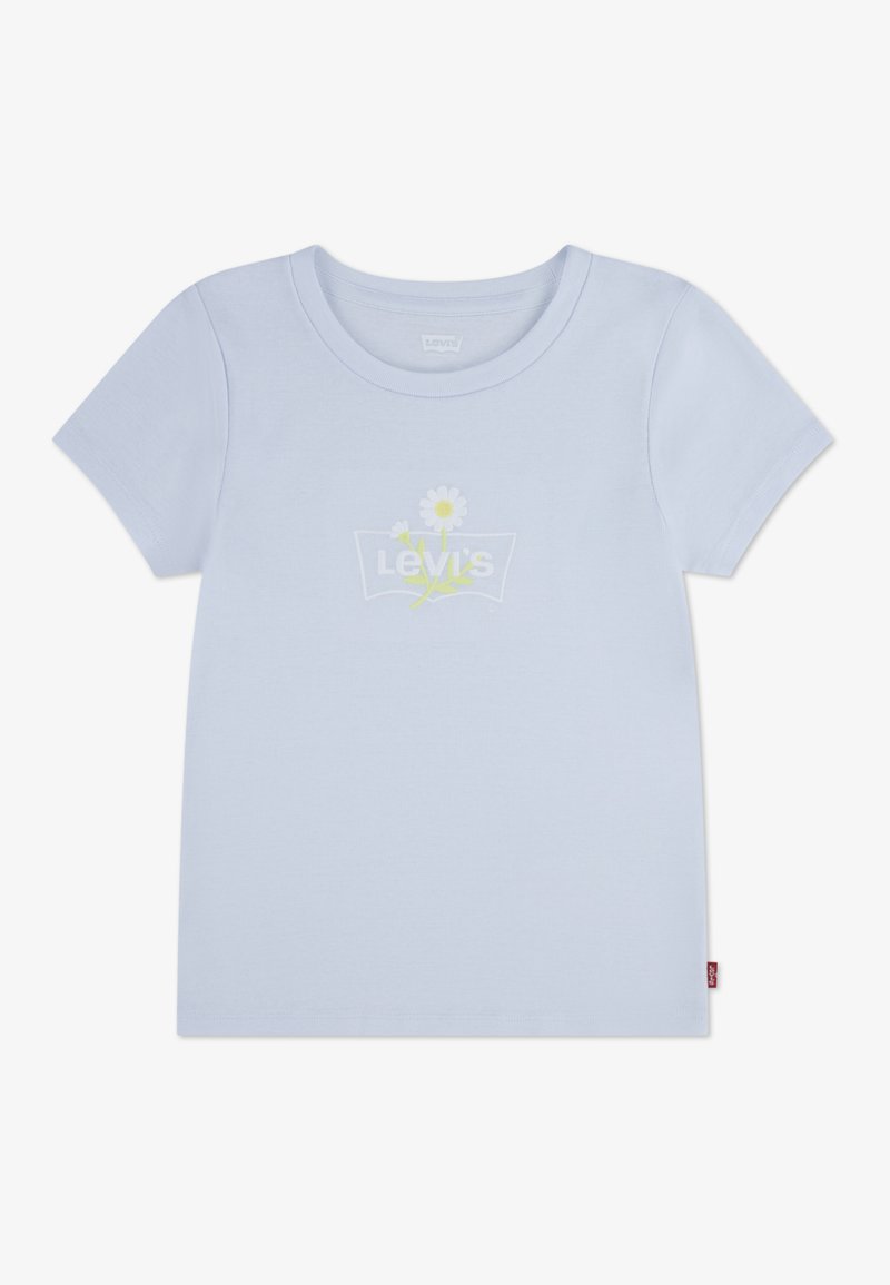 Ανοιχτό μπλε κοντομάνικο μπλουζάκι από βαμβάκι, με ένα λευκό και κίτρινο σχέδιο μαργαρίτας και το κείμενο "Levi's" στην μπροστινή πλευρά.
