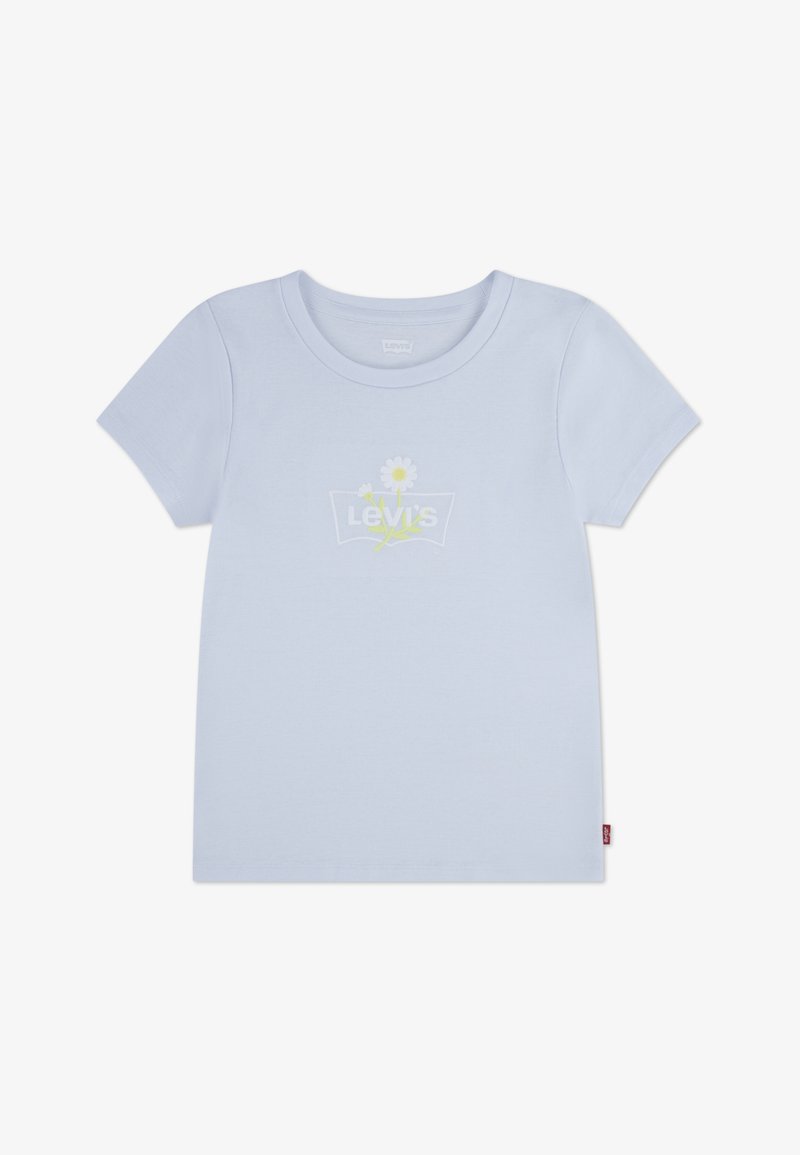 Ανοιχτό μπλε κοντομάνικο μπλουζάκι από βαμβάκι, με ένα λευκό και κίτρινο σχέδιο μαργαρίτας και το κείμενο "Levi's" στην μπροστινή πλευρά.