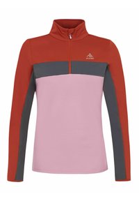 Mikina s půlzipem vyrobená z fleece, s červenou horní částí, růžovým středem a šedou dolní částí. Měkká textura, dlouhé rukávy a logo na hrudi.