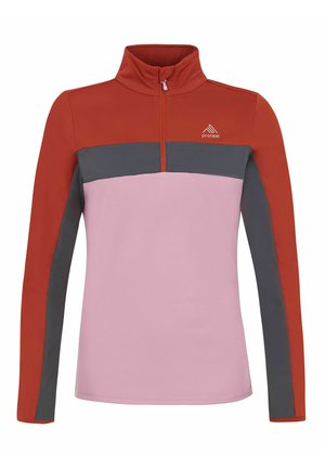 Fleece half-zip top met een rood bovenstuk, een roze middenstuk en een grijs onderstuk. Zachte textuur, lange mouwen en logo op de borst.