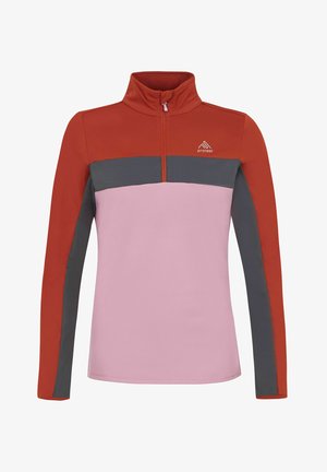 Fleece half-zip top met een rood bovenstuk, een roze middenstuk en een grijs onderstuk. Zachte textuur, lange mouwen en logo op de borst.