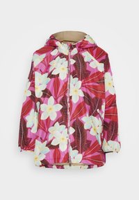 Lightweight hooded jacket featuring a vibrant floral pattern in pink, red, and white. Includes elastic cuffs and a front zipper.
