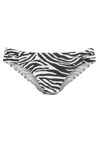 Bikini hlače z zebrovim vzorcem v črno-beli barvi, izdelane iz gladkega materiala. Imajo udobne stranske panele in subtilne naborke.
