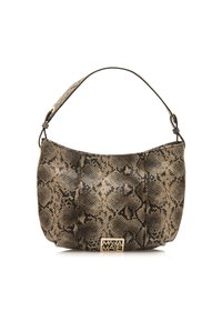 Sac à main en cuir de serpent à motifs brun et noir, avec une forme arrondie, une courte sangle et un accent logo doré à l'avant. Texture lisse.