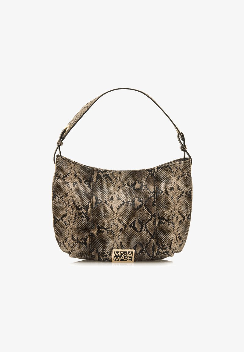 Bruine en zwarte handtas met slangenhuidpatroon, in een ronde vorm, met een korte strap en een gouden logo accent aan de voorkant. Zachte textuur.