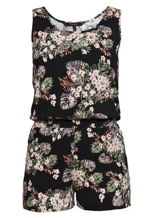 Ärmelloser schwarzer Romper mit floralem Muster aus grünen und braunen Blättern sowie kleinen weißen Blumen, ausgestattet mit einem runden Ausschnitt und elastischer Taille.