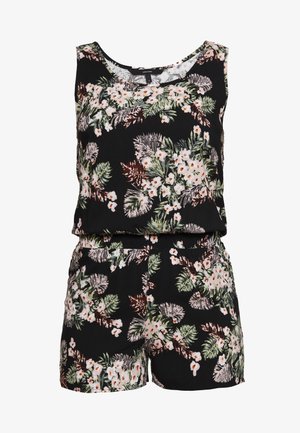 Combinaison noire sans manches à motifs floraux avec des feuilles vertes et marron ainsi que de petites fleurs blanches, dotée d'un col rond et d'une taille élastique.