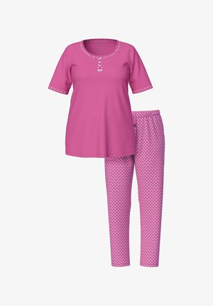 Set pigiama rosa a maniche corte con rifiniture floreali su colletto e maniche, con scollo abbottonato e pantaloni elastici a vita alta con motivo.