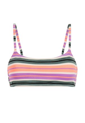 Gestreept bikinitopje met verstelbare bandjes, met horizontale lijnen in tinten paars, oranje, groen en wit, met een textuur in het stofontwerp.