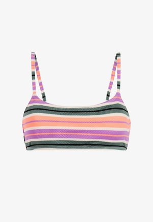 Gestreept bikinitopje met verstelbare bandjes, met horizontale lijnen in tinten paars, oranje, groen en wit, met een textuur in het stofontwerp.