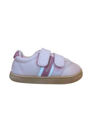 Zapatilla rosa claro para niño pequeño con suela beige, tela de malla, dos tiras blancas de velcro y etiqueta "Blanditos" en el lateral.