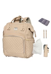 Mochila acolchada beige con múltiples compartimentos con cremallera, doble asa superior y correas ajustables. Incluye cambiador y bolsa para accesorios.