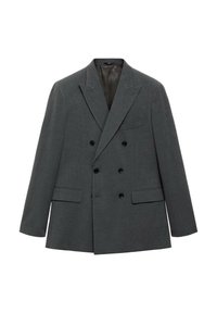 Blazer doppiopetto in tessuto grigio scuro, caratterizzato da un design elegante, rever a punta, due tasche frontali e dettagli con bottoni neri.