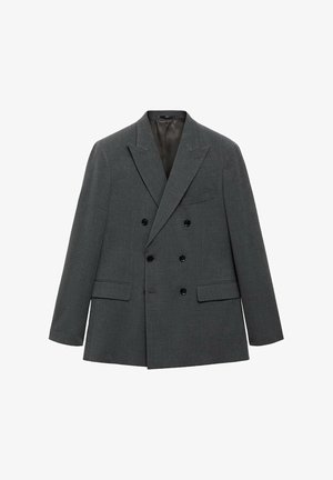 Doppelreihiger Blazer aus dunkelgrauem Stoff, mit einem eleganten Design, Spitzenrevers, zwei Fronttaschen und schwarzen Knopf-Akzenten.