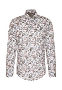 Blusenshirt aus weißer Baumwolle. Mit Kragen zum Knöpfen, langen Ärmeln und einem mehrfarbigen Blumenmuster mit grünen, pinken und braunen Akzenten.