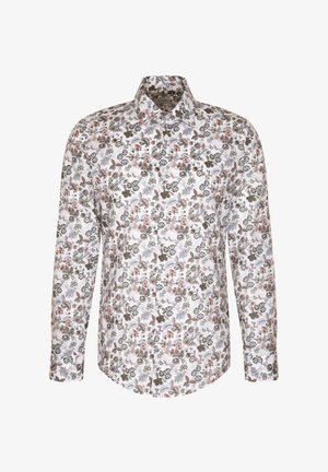 Bloemshirt van witte katoen. Heeft een button-down kraag, lange mouwen en een multicolor bloemendessin met groene, roze en bruine accenten.