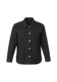 Dunkelblaues Jeanshemd zum Knöpfen mit langen Ärmeln, klassischem Kragen und fünf Metallknöpfen auf der Vorderseite; verfügt über zwei Brusttaschen und einen abgerundeten Saum.