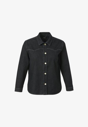 Dark denim button-up shirt with long sleeves, classic collar, and five metallic buttons down the front; features two chest pockets and curved hem.