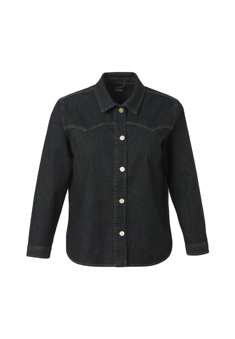 Dunkelblaues Jeanshemd zum Knöpfen mit langen Ärmeln, klassischem Kragen und fünf Metallknöpfen auf der Vorderseite; verfügt über zwei Brusttaschen und einen abgerundeten Saum.