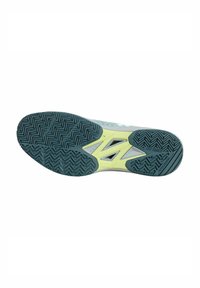 Lightweight athletic shoe sole with deep herringbone tread pattern. Colors include teal and yellow with logo accents and vented design.