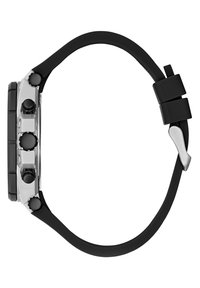 Schwarze Gummiband-Uhr mit einem Gehäuse aus Edelstahl, ausgestattet mit drei schwarzen Druckknöpfen, einem runden Zifferblatt und einem eleganten, minimalistischen Design.