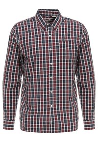Chemise boutonnée à manches longues, arborant un motif à carreaux rouge, bleu marine et blanc. Comprend une poche poitrine et un col classique.