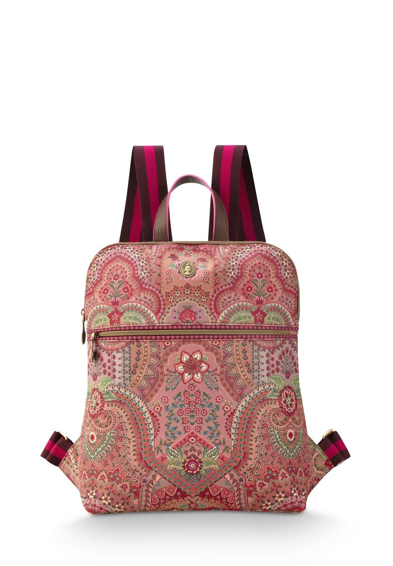 Rugzak met paisleypatroon in tinten roze, groen en rood. Voorzien van verstelbare gestreepte schouderbanden en een voorste ritsvak. Glad stoftextuur.