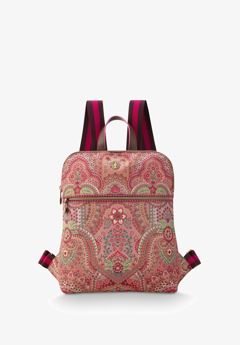Backpack with paisley pattern in shades of pink, green, and red. Features adjustable striped straps and a front zipper pocket. Smooth fabric texture.